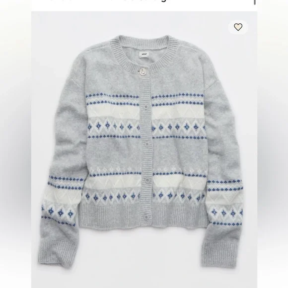 Aerie unREAL Fairisle Cardigan gray blue and white like new - Picture 2 of 8